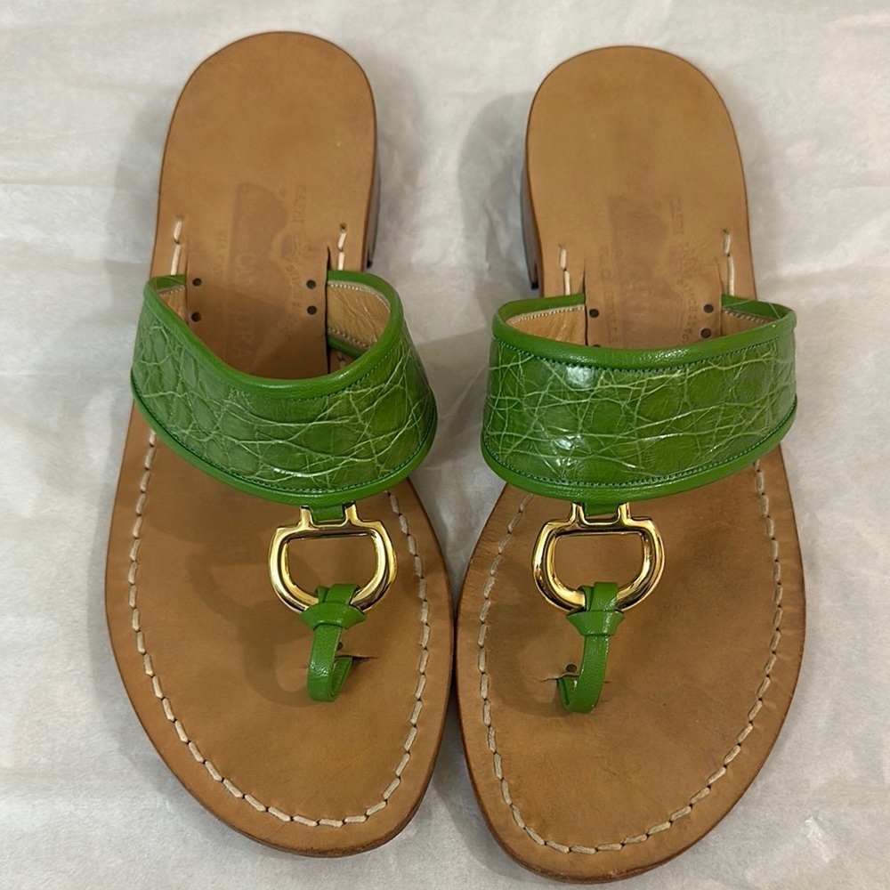 AMADEO CANFORA Green Leather Sandals with Gold Accent - Picture 2 of 8